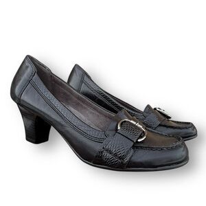 Aerosoles Heelrest Black Leather Moccasins Heeled Loafers Shoes Women's size 9.5